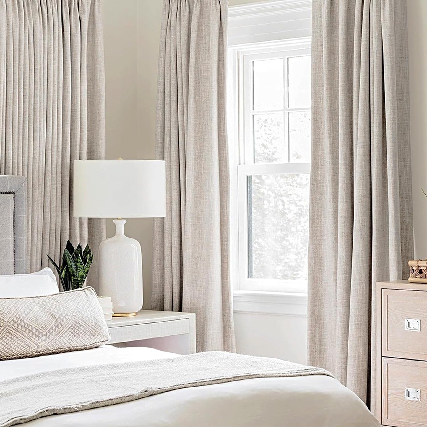 MIULEE 100% Blackout Linen Textured Curtains - Thermal Insulated Ivory Grommet Drapes | 62 x 90 Inch (2 Panels)