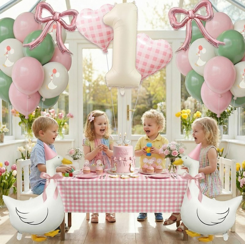 One Silly Goose 1st Birthday Decorations Girl – 40 Inch Number 1 Balloon, Goose Balloons with Pink Bow & Hats, Cute Baby Girl First Birthday Party Supplies