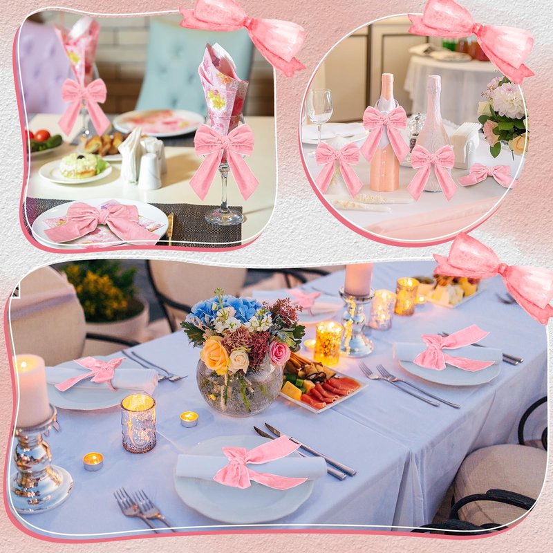 Maxdot 12 Pcs Bow Napkin Rings Set, Velvet Napkin Holders Buckles 4 x 4.9 Inch Serviette Rings for Family Dinner, Wedding, Party, Banquet, Table Decorations (Pink)