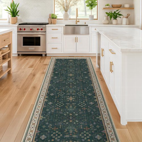 Hazo Haus Vintage 2x7 Washable Runner Rug - Non-Slip, Stain Resistant, Dark Green Floral Design for Kitchen & Hallway