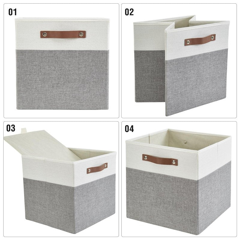 Bagnizer Collapsible Fabric Storage Cube Bins with 2 Reinforced PU Handles, Foldable Storage Organizer Baskets for Closet, Shelves, Living Room | 13"x13"x13", 4 Pack, Gray & White