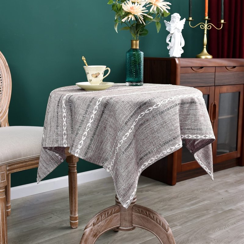 NEWISHER Rustic Farmhouse Embroidered Small Square Tablecloth Jacquard Striped Table Cloth Linen Texture Washable Fabric Side Table Cover Kitchen Dining Home Decoration (Coffee, 36x36 inch)