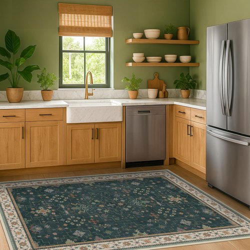 Hazo Haus Dark Green 4x6 Living Room Rug - Modern Vintage Boho Floral Design | Washable Non-Slip Area Rug for Home & Office
