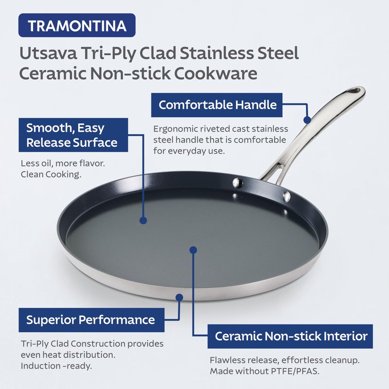Tramontina Utsava 11-Inch Tri-Ply Clad Stainless Steel Ceramic-Coated Dosa Tawa, Non Stick Tava Pan for Roti, Crepe Pan, Comales para Tortillas, Pancake Griddle, Nonstick Flat Skillet