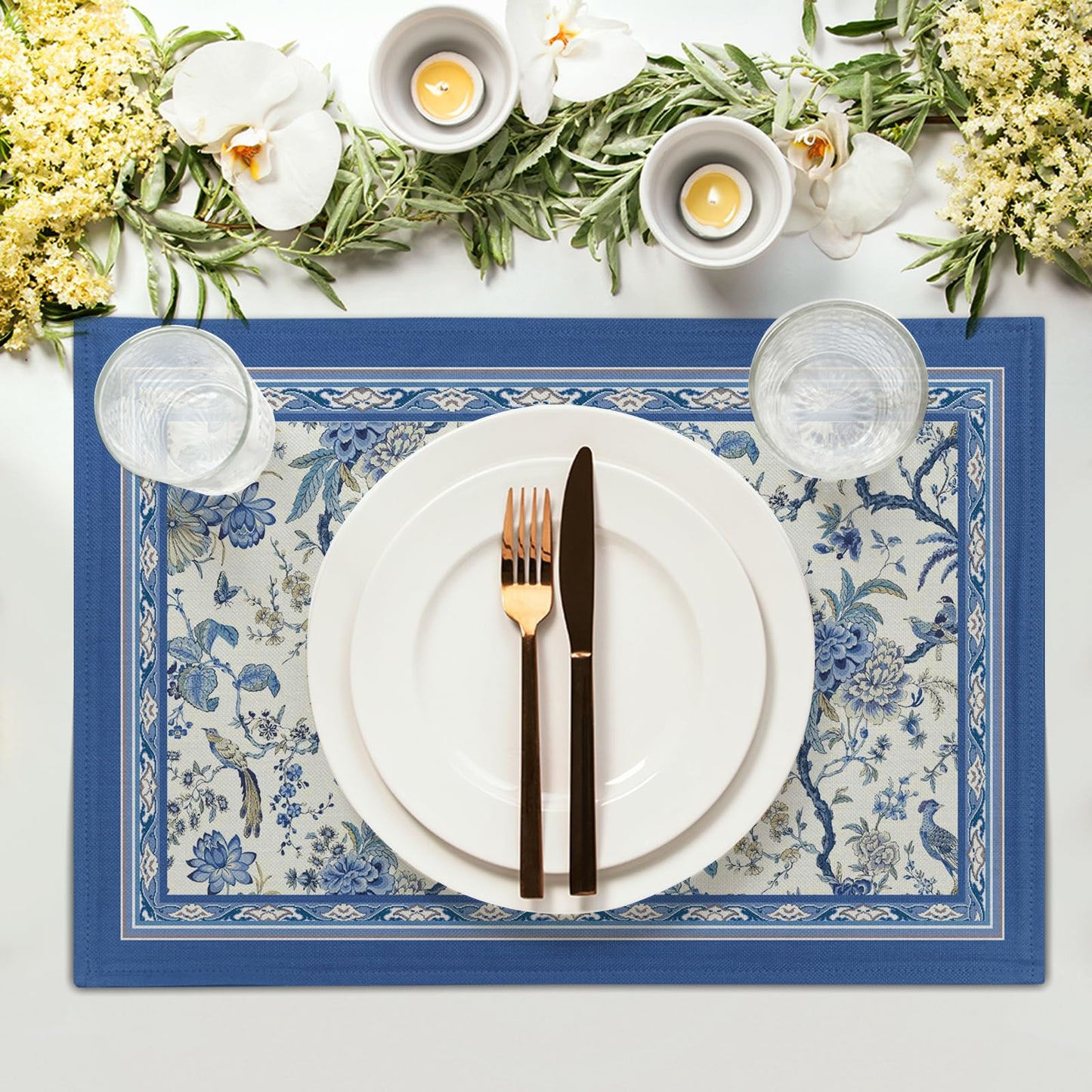 Giwawa 4PCs Chinoiserie Placemats Blue White Floral Birds Decorative Linen Table Mat 12"x18" Oriental Style Classic Flowers Heat Resistant Washable Place Mats for Kitchen Dining Party