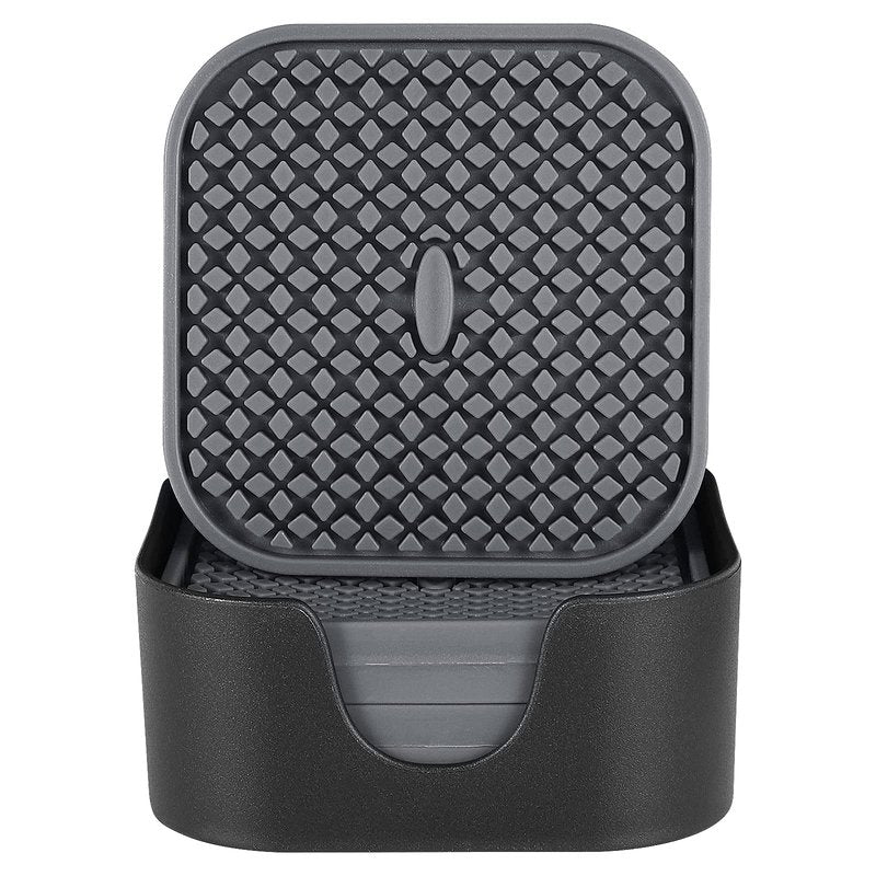ME.FAN Silicone Coasters with Holder [6 Pack] Square Drink Cup Mat - Non-Slip, Non-stick, Stay Put, Deep Tray - Prevents Furniture and Tabletop Damages Deep Gray