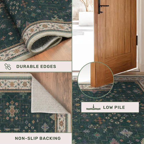 Hazo Haus Dark Green 4x6 Living Room Rug - Modern Vintage Boho Floral Design | Washable Non-Slip Area Rug for Home & Office