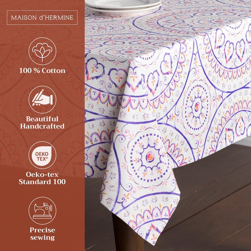 Maison d' Hermine Table Cloth Round Table 100% Cotton 63 Round Inches Tablecloth Reusable Decorative for Dining Kitchen Room Farmhouse Home Gifts for Mothers Day Spring Summer - Mandala