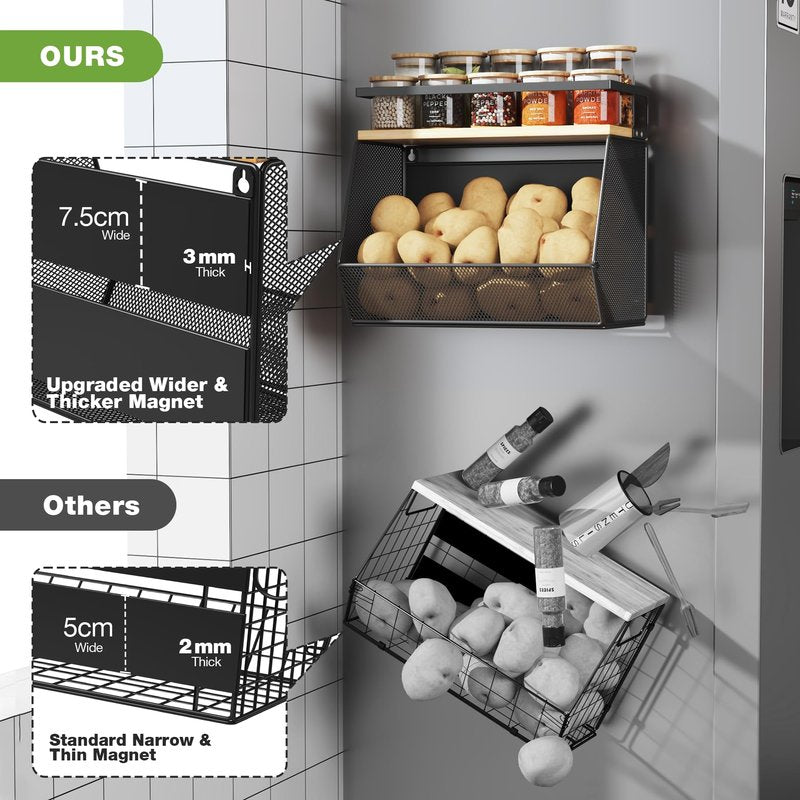 Magnetic Shelf for Fridge with Wide & Thick Magnet, 1 Pack Refrigerator Organizer Basket with Bamboo Top, Storage for Fruit, Potato, Onion, Kitchen, Pantry, Laundry (Black, 13.8" x 6.8" x 11.8")