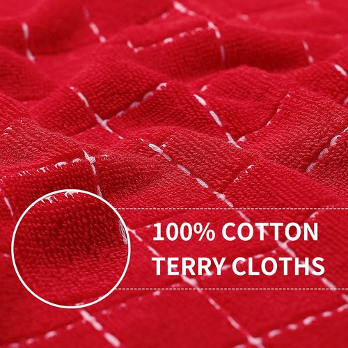 Homaxy 100% Cotton Terry Kitchen Towels(Red, 13 x 28 inches), Checkered Designed, Soft and Super Absorbent Dish Towels, 4 Pack