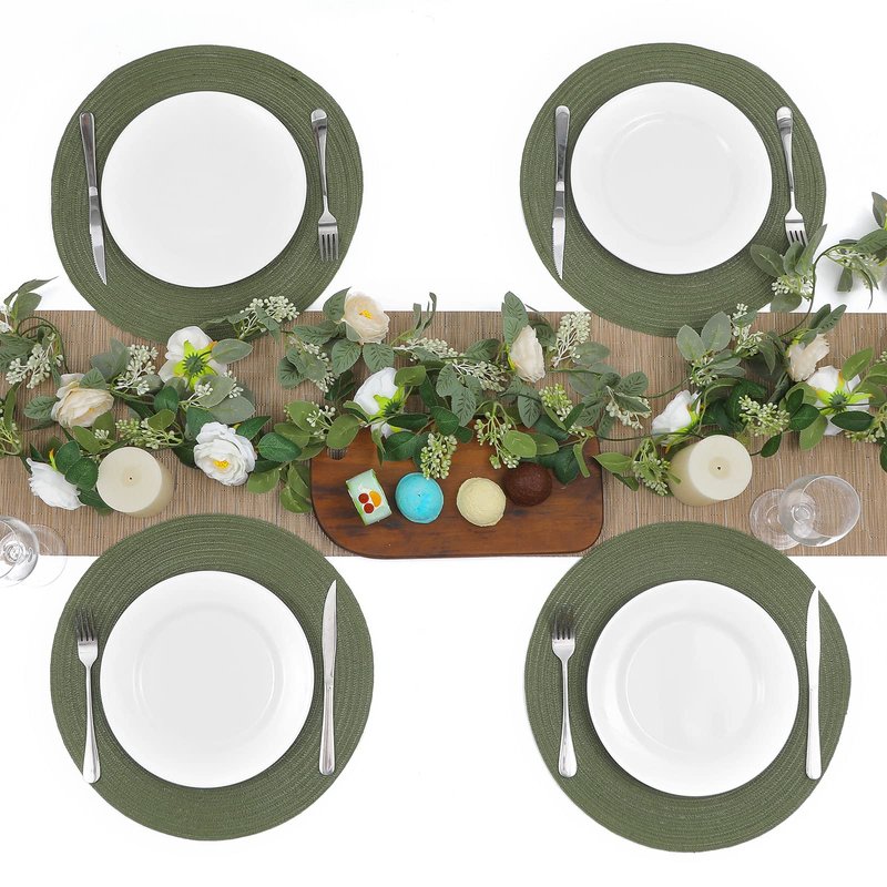 SHACOS Round Placemats Set of 12 Washable 15 inch Round Table Mats Cotton Polyester Woven Braided Place Mats for Dining Table Wedding Party Decor (Olive Green, 12)