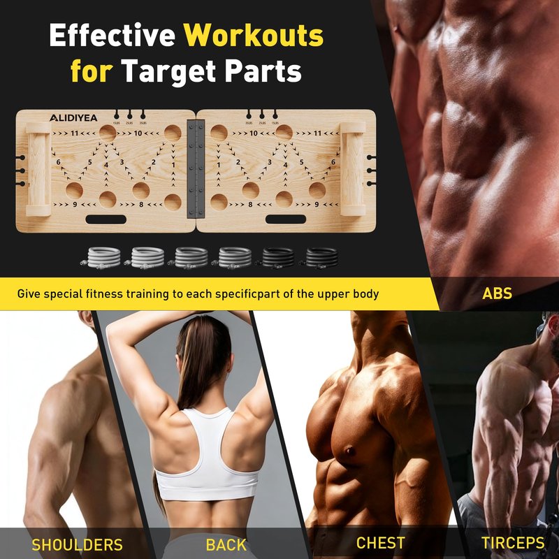 Push Up Board 30 in 1 Foldable with Resistance Bands - Thickened Pine Wood Multi-Push Up Board for Men & Women, Portable Gym/Home Workout Gear for Chest, Shoulders, Arms & Back