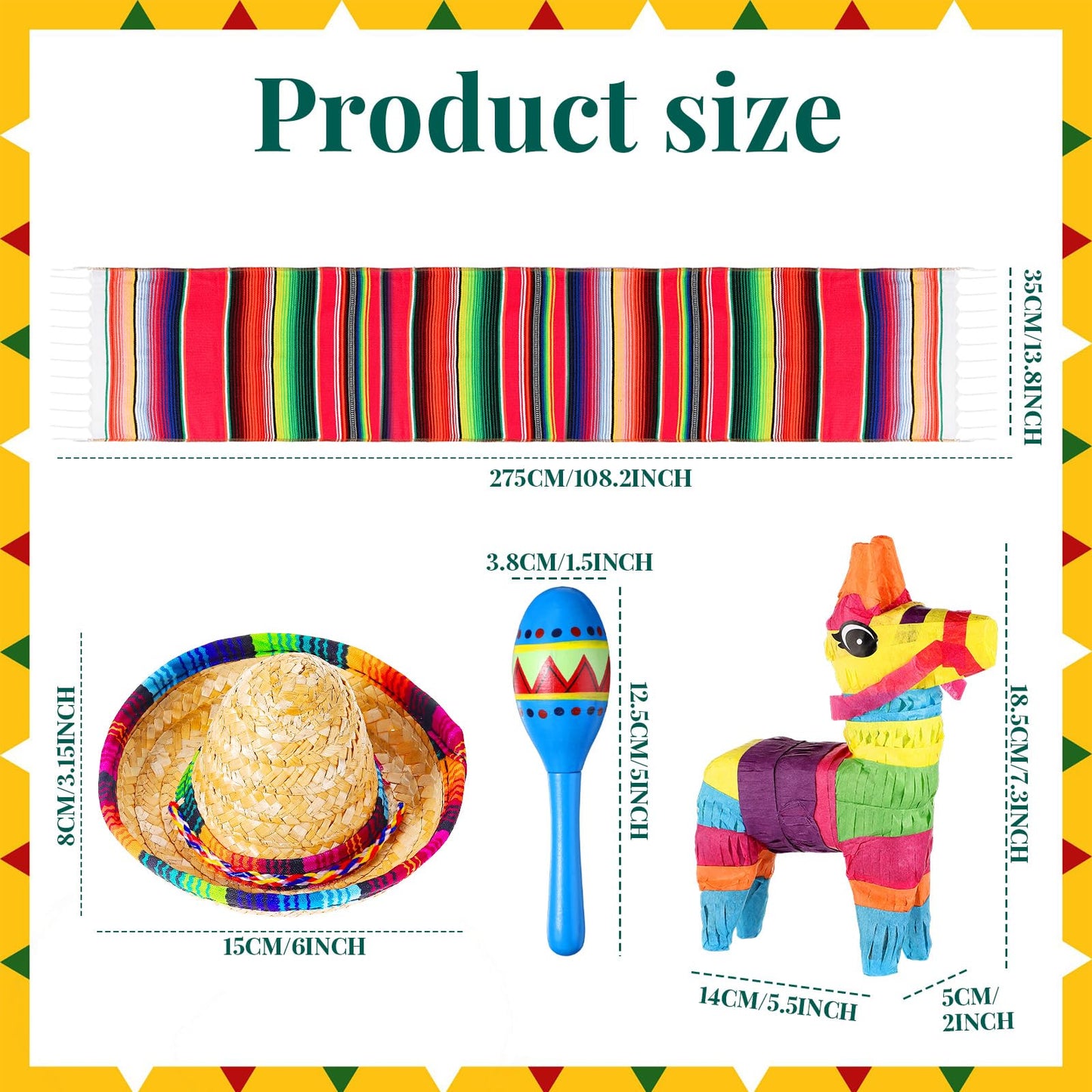 Libima 26 Pcs Mexican Decor Fiesta Decorations Include 6 Donkey 12 Large Fiesta Maracas 2 Serape Table Runners 6 Sombrero Hats for Mexican Decorations Favors(Boho)