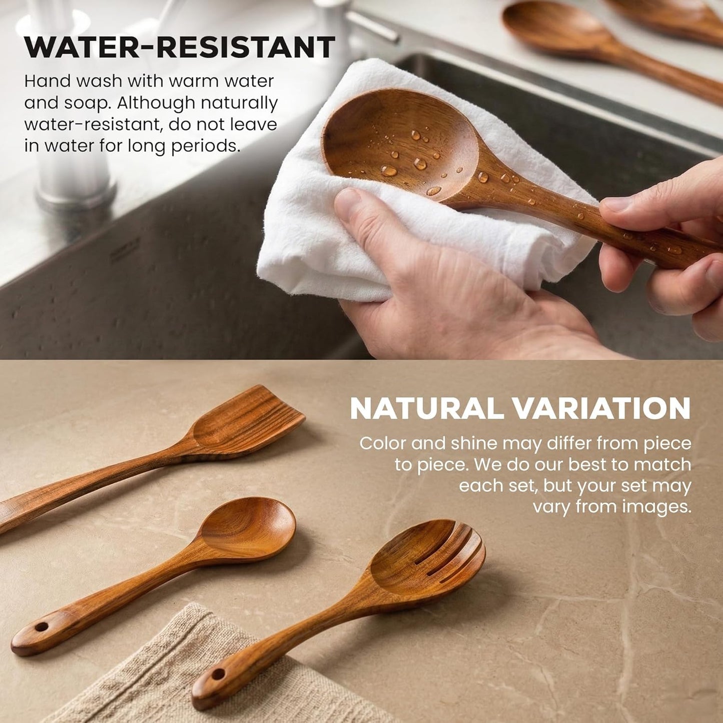 Zulay Kitchen 9-Piece Teak Wood Cooking Utensil Set - Non-Toxic, Non-Stick Wooden Spoons & Tools | Comfortable Grip & Smooth Finish
