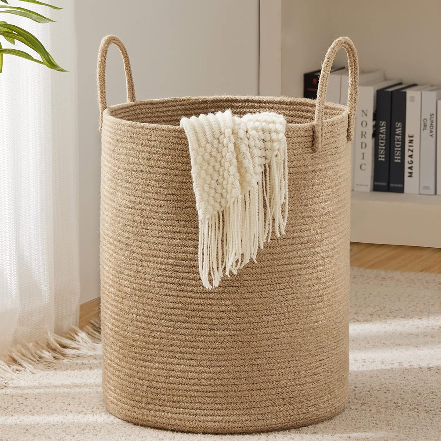 YOUDENOVA Jute Rope Laundry Hamper - 58L Tall Basket for Baby Nursery & Bedroom Storage
