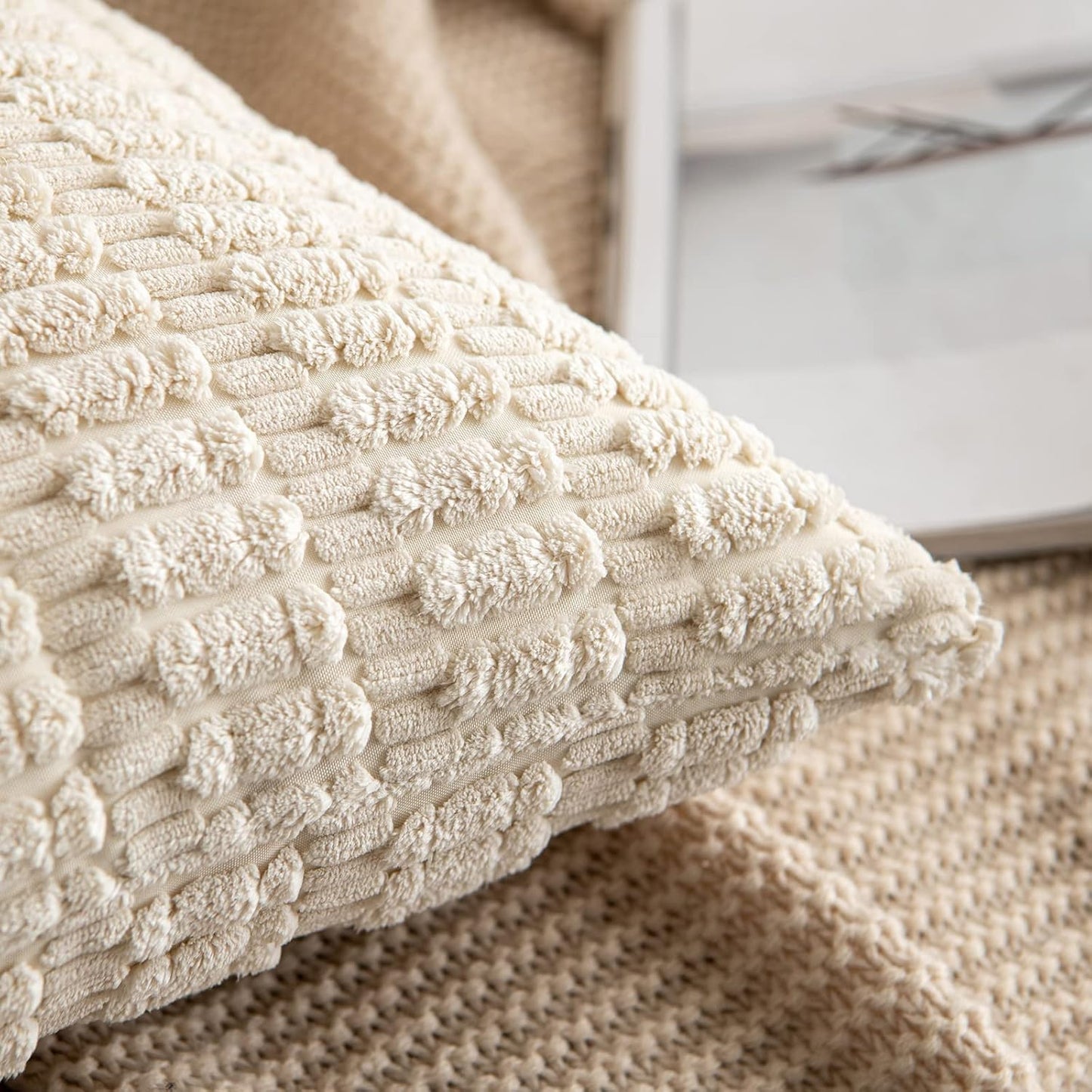 MIULEE Euro Sham Pillow Covers - Soft Boho Striped Corduroy | Pack of 2, 22x22 Inch, Cream White