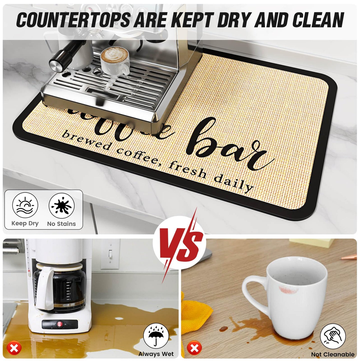 DK177 Coffee Mat - Dish Drying Mat for Kitchen Counter, Hide Stain, Absorbent with Waterproof Rubber Backing, Fit Kitchen Dish Rack Bar Accessories (Coffee Bar, 24" x 16")