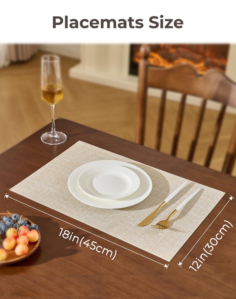 Leetaltree Brown with Black Striped Placemats Set of 12 - Heat Resistant Non-Slip Place mats for Dining Table, Washable Durable PVC Vinyl Woven Table Mats（Brown Stripe, 12）