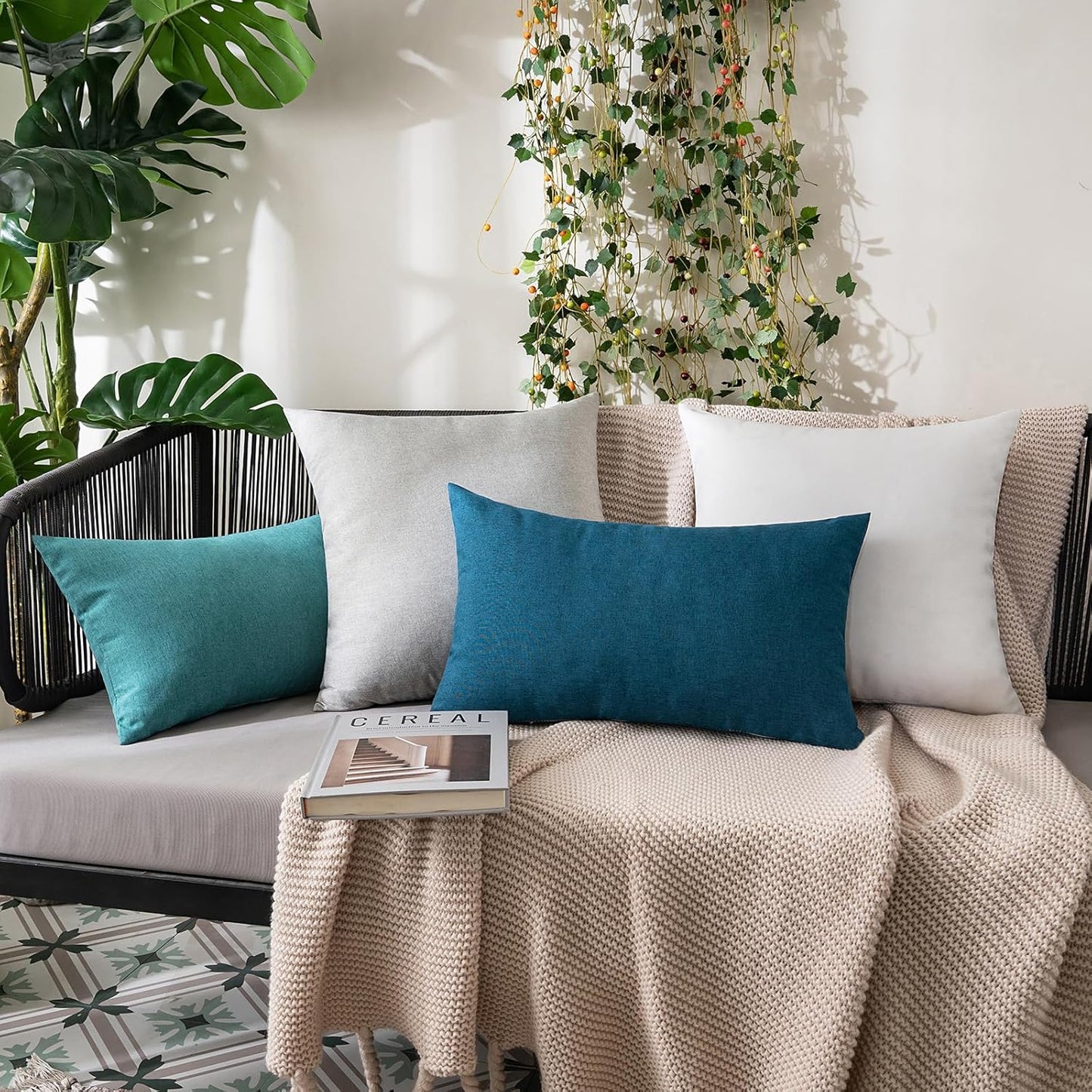 MIULEE Outdoor Waterproof Throw Pillow Covers - Pack of 2 Faux Linen Cushion Cases | 20x12 Inch Blue for Summer Patio