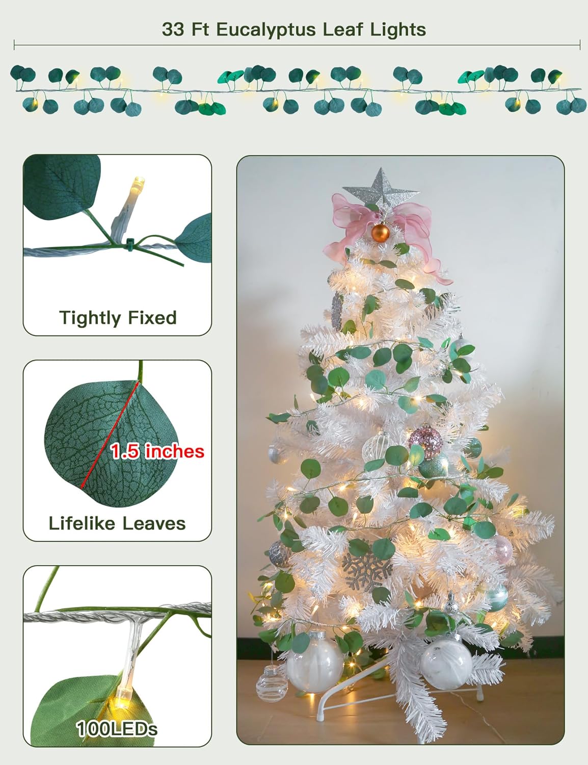 Suddus Eucalyptus Garland String Lights - 33ft 100 LED Remote-Controlled Leaf Lights for Bedroom, Garden, Party, Wedding Decor (Warm White)