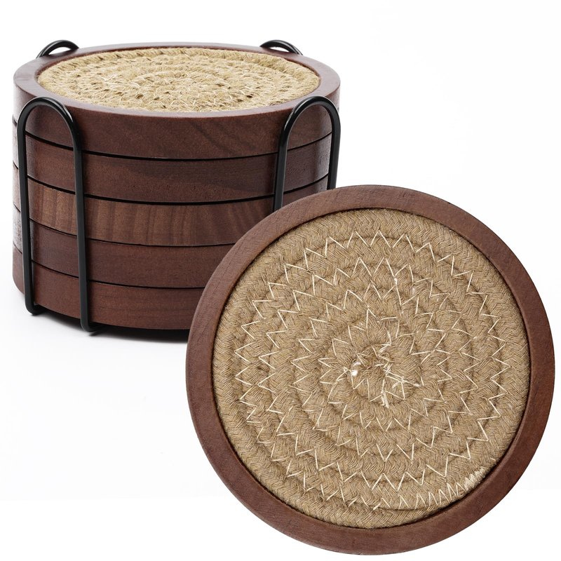 Mckanti 5 Pack Wooden Coasters with Holder for Coffee Table Decor, Absorbent for Kinds of Cups, 4.3 Inches