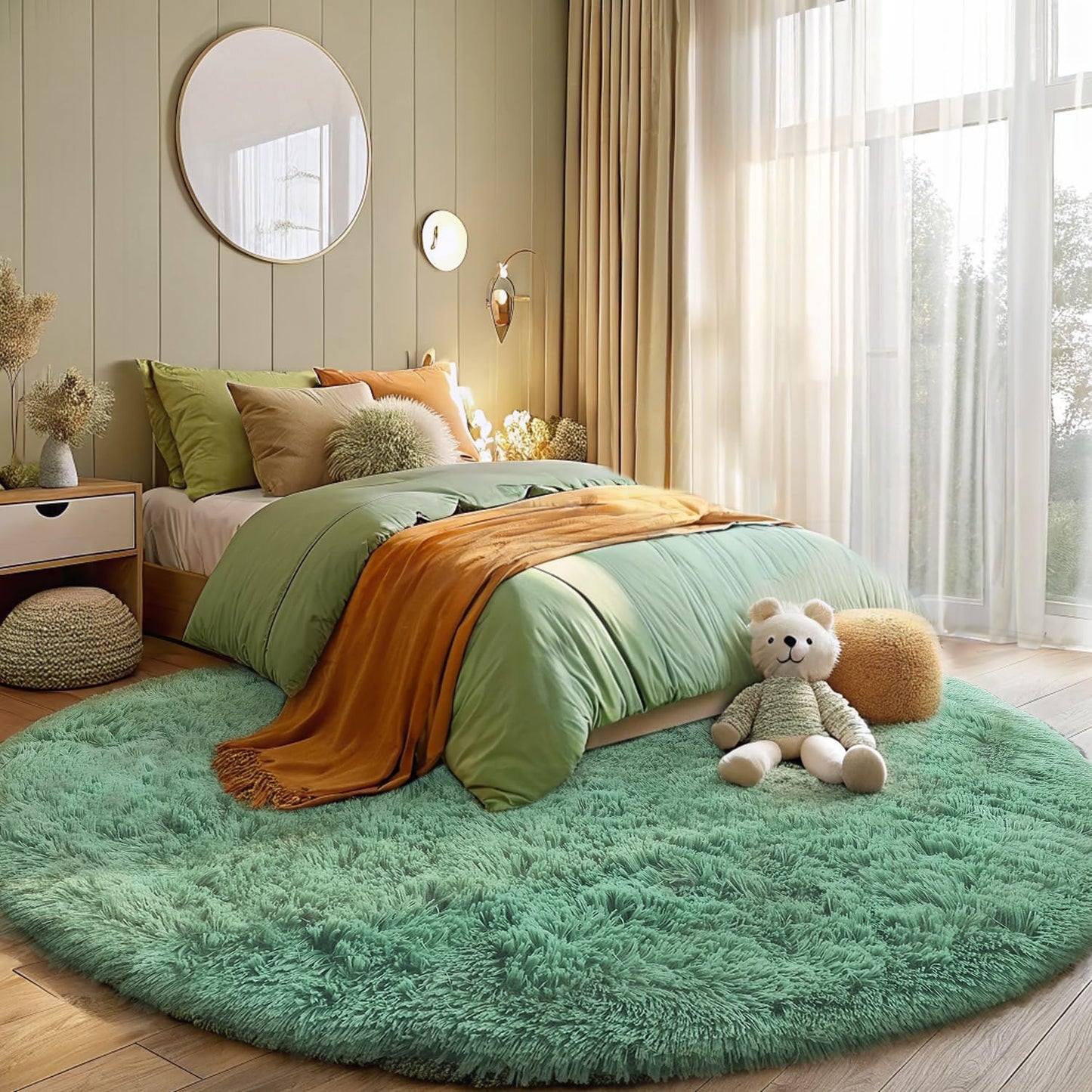 OLANLY Mint Green Round Rug - Soft & Fluffy 5 ft Circle Area Rug for Bedroom & Living Room Decor