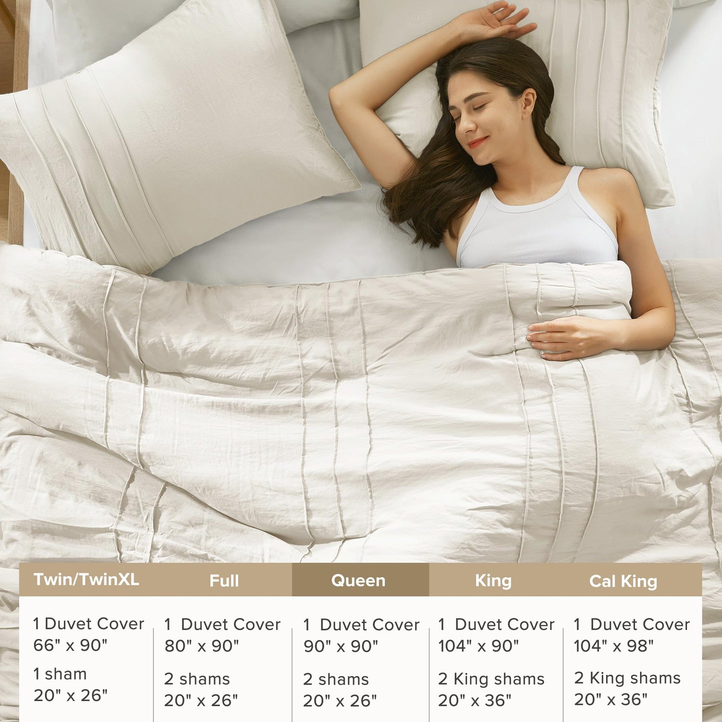 Comfort Spaces Cream Queen Size Duvet Cover Set - 3 Pieces Pintuck Pleated Duvet Cover Queen, All Season Lightweight, Extra Softness Pre-Washed Microfiber Queen Bedding Cover Shams, Full/Queen