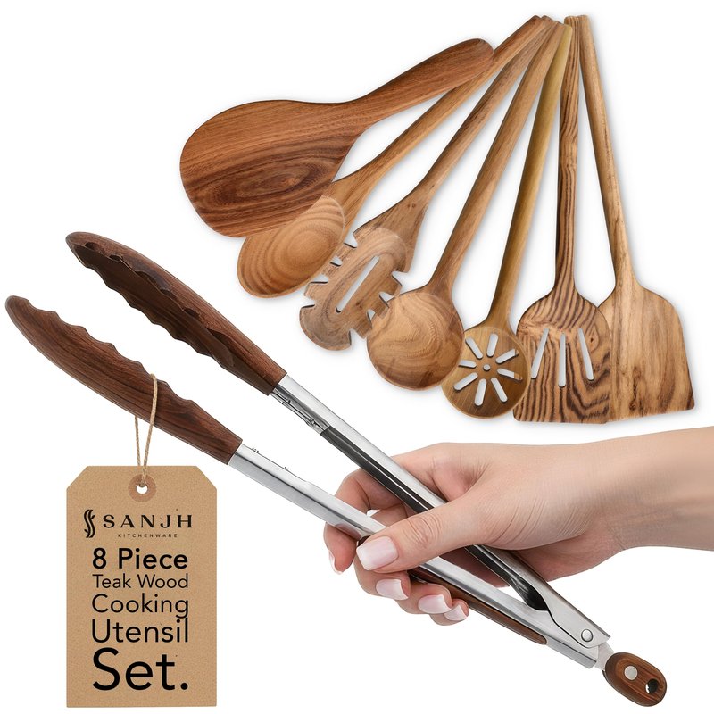 8 Piece Teak Wooden Cooking Spoons Set – Wooden Utensil Set with Spatula Scraper Pasta Spoon Rice Paddle Tongs for Everyday Cooking, Smooth Sanded Finish, Comfortable Grip Handles, Gentle on Cookware