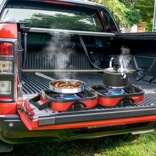 2-Burner Camping Stove Foldable, Portable Propane Camp Stove with 16000 BTU Adjustable Burners and Piezo Ignition, Folding Stove with Carry Bag & Handle for Camping, Tailgating, Backyard BBQ - Red