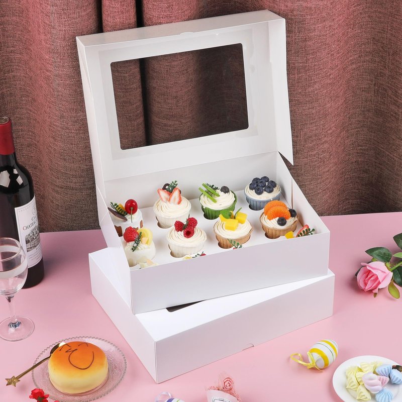 Svalor Cupcake Boxes, 4 Pack Disposable Cupcake Containers, Food Grade Cupcake Carrier 12 Count with Window and Inserts, Cupcake Transport Holders Bulk for Muffins Cookies Treats Dessert（White）