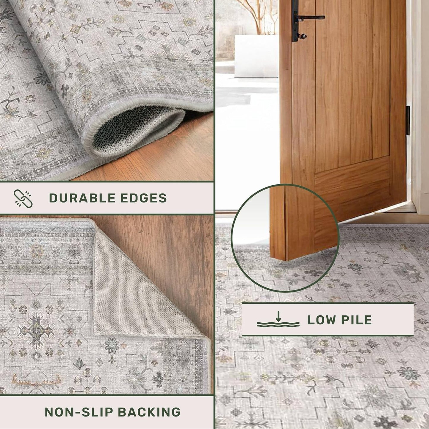 Boho Bathroom Rug by Light Grey | Large 3x4 Washable Floral Design - Non-Slip, Low Pile for Entryway & Bedroom