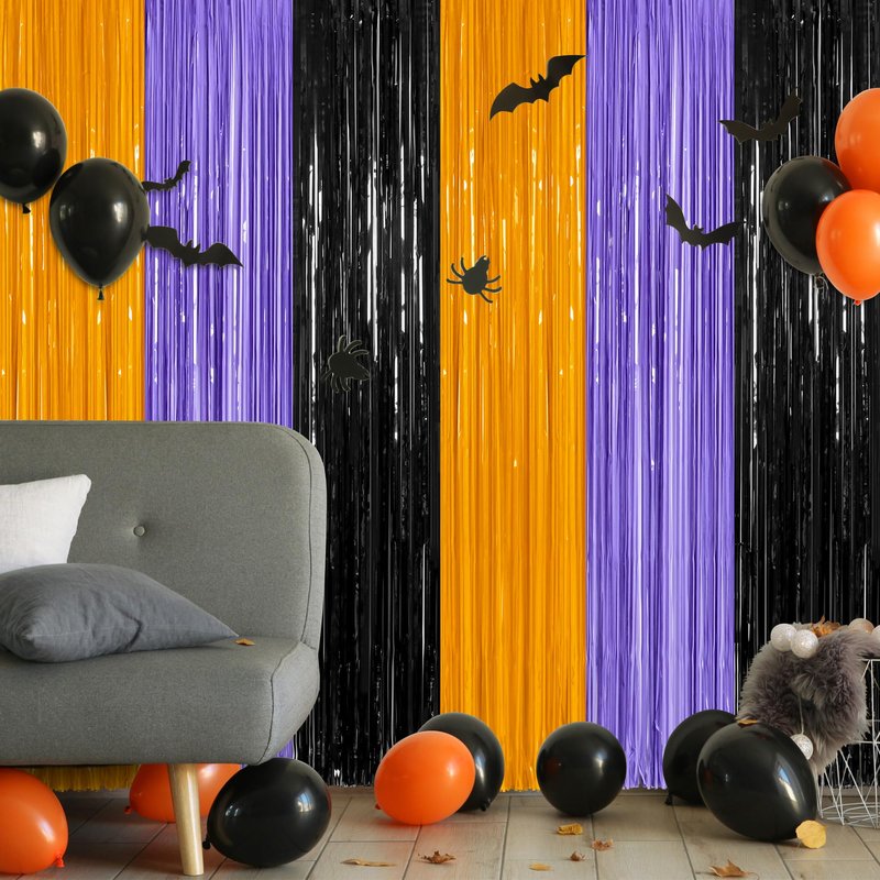 8 Pack Halloween Decorations Indoor, 3.28 FT x 7.05 FT Party Streamer, Orange Purple Black Streamer Backdrop Fringe Curtains Foil Tinsel, Halloween Party Supplies Hanging Halloween Decor