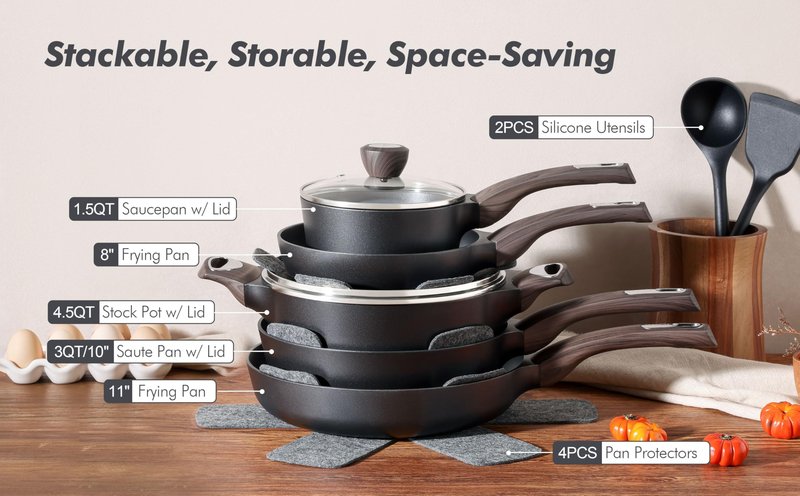 SENSARTE Pots and Pans Set Non stick, Non toxic Healthy Induction Cookware Sets, 14 Pcs Non Stick Kitchen Cooking Set with Frying Pans Set & Saucepan, PFOA PFOS APEO Free, Black