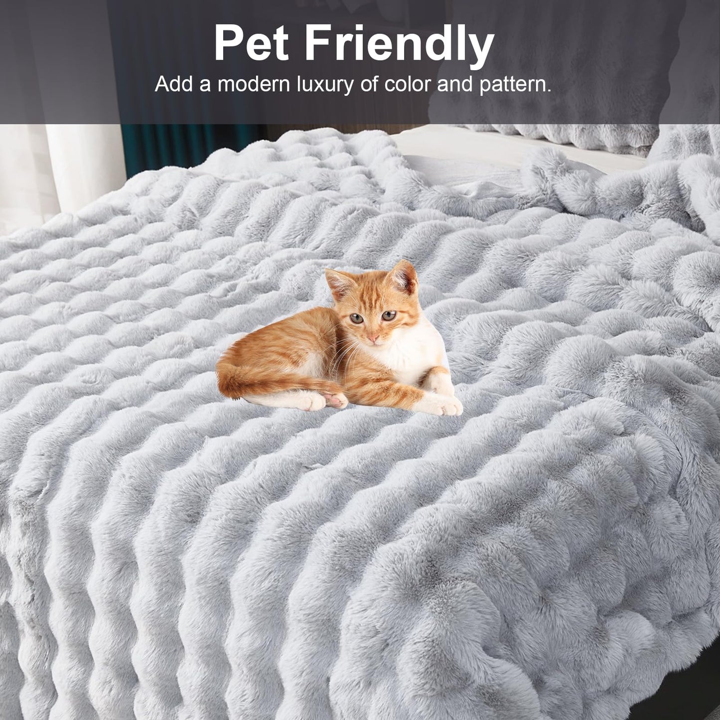 Soft Warm Faux Rabbit Fur Blanket - Thick 1000 G/M Faux Fur Throw with Ruffles - Fluffy, Versatile for Bed, Sofa, Office (Light Gray, 130x160cm / 51"x63")
