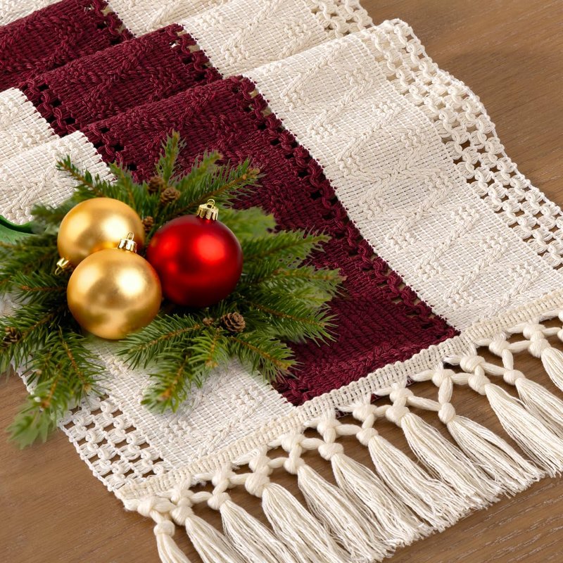 Socomi Boho Table Runner Easter Spring Farmhouse Rustic Dining Kitchen Centerpiece Decor Small Macrame Woven Cotton Linen Coffee Table Runner for Dresser Scarf Home Decor 12x60 in Burgundy Ivory