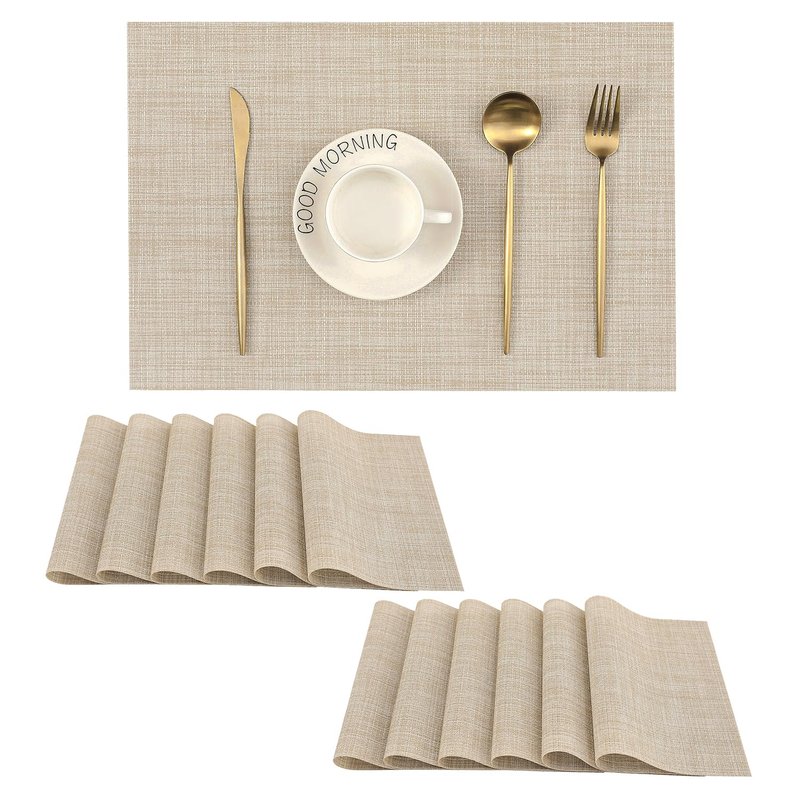 Leetaltree Brown with Black Striped Placemats Set of 12 - Heat Resistant Non-Slip Place mats for Dining Table, Washable Durable PVC Vinyl Woven Table Mats（Brown Stripe, 12）