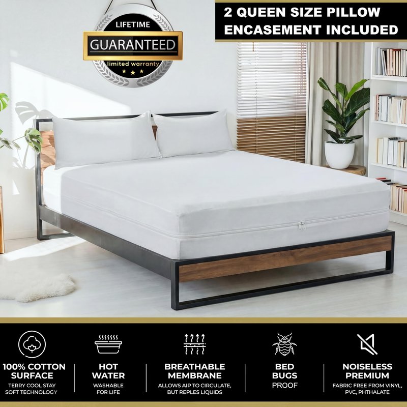 MATTSHIELD Ultimate Sensitive Skin 3-Piece Kit – Queen Size Bed Bug Mattress Protector + 2 Zippered Pillow Covers – Organic Cotton Terry Top – Waterproof 6-Sided Encasement, Soft & Breathable
