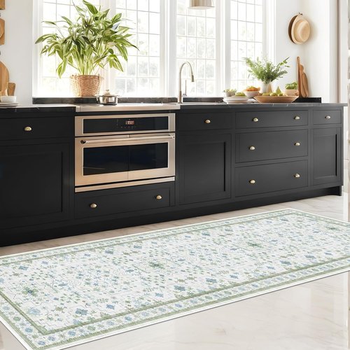 Hazo Haus Oushak 3x20 Wide Hallway Runner Rug - Vintage Turkish Floral Design, Washable Non-Slip | Blue & Green 20ft Extra Long for Large Spaces