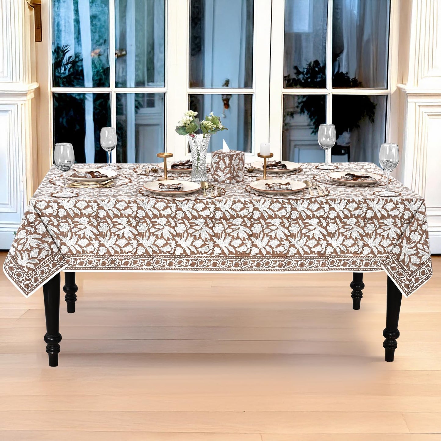 Ridhi Oak Brown Hand Block Print Cotton Rectangle Tablecloth 102" x 48" inches Reusable Table Cover Decorative Everyday Use for Dining Room, Farmhouse, Home Gift for Spring, Mother's Day
