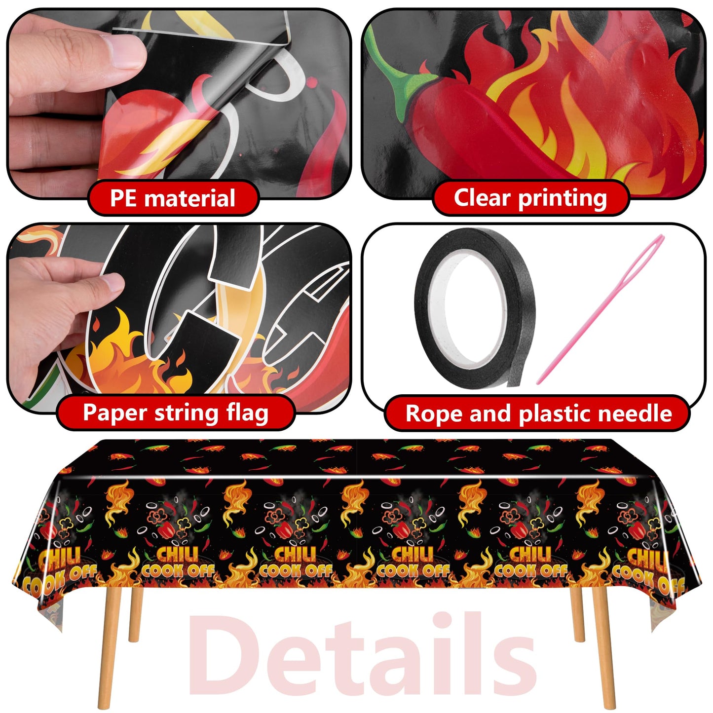 Iceyyyy 4 Pcs Black Chili Cook Off Table Decorations Set-108" x 54" Chilis Peppers Flame Table Covers 33 Ft Cooking Chili Contest Banner-Disposable Chilis Peppers Party Decorations for Party Supplies
