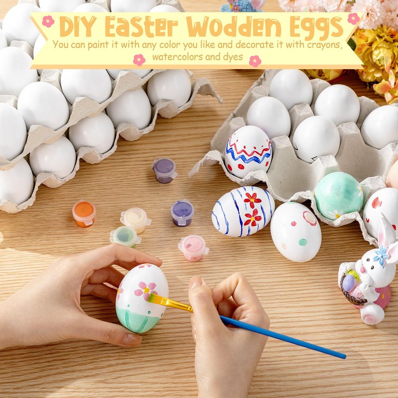 Beeveer 60 Pcs Wooden Eggs for Crafts Unpainted Eggs with Blank Egg Cartons, Wooden Fake Food Egg to Paint for Easter Decorating, Kitchen Craft, Basket Stuffer(White,Wood)