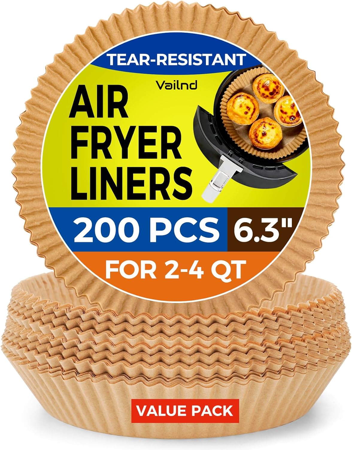 Vailnd Air Fryer Liners - 200 PCS Non-Stick & Oil Proof Baking Paper for 6.3" Ninja AF101 | Fits 2-4 Qt Baskets