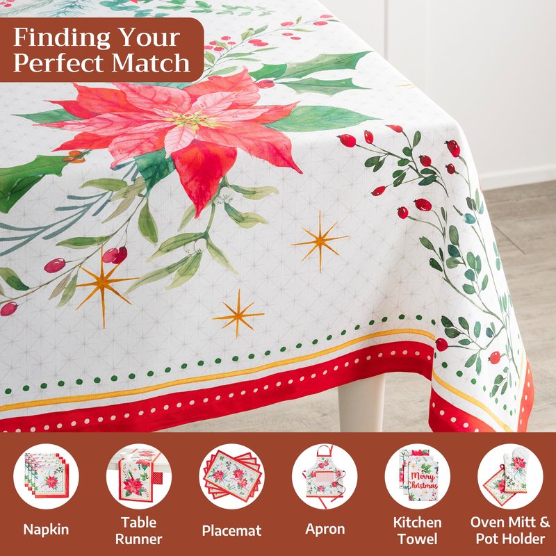 Maison d' Hermine Table Cloth Rectangle Table 100% Cotton 60 x 120 Inches Fall Tablecloth Reusable Everyday Use for Thanksgiving Christmas Decorations Dining Farmhouse Party (Poinsettia Christmas)