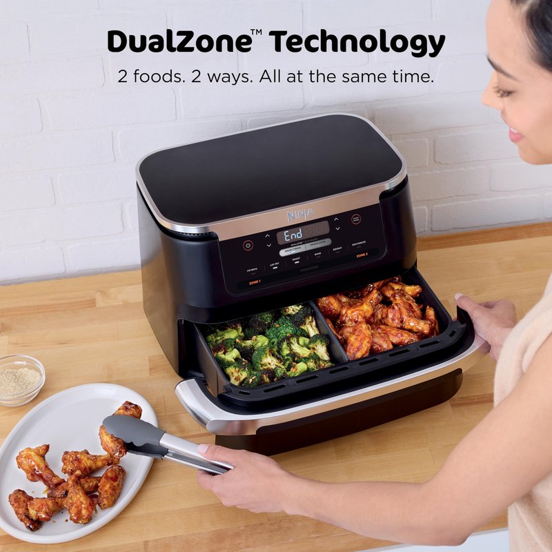 Ninja Foodi Air Fryer | 6-in-1 with 7-QT MegaZone & Basket Divider for Large Proteins & Full Meals | Cook 2 Foods at Once | 450° F | Air Fry, Roast, Broil, Dehydrate, Keep Warm & Bake | Black | DZ071