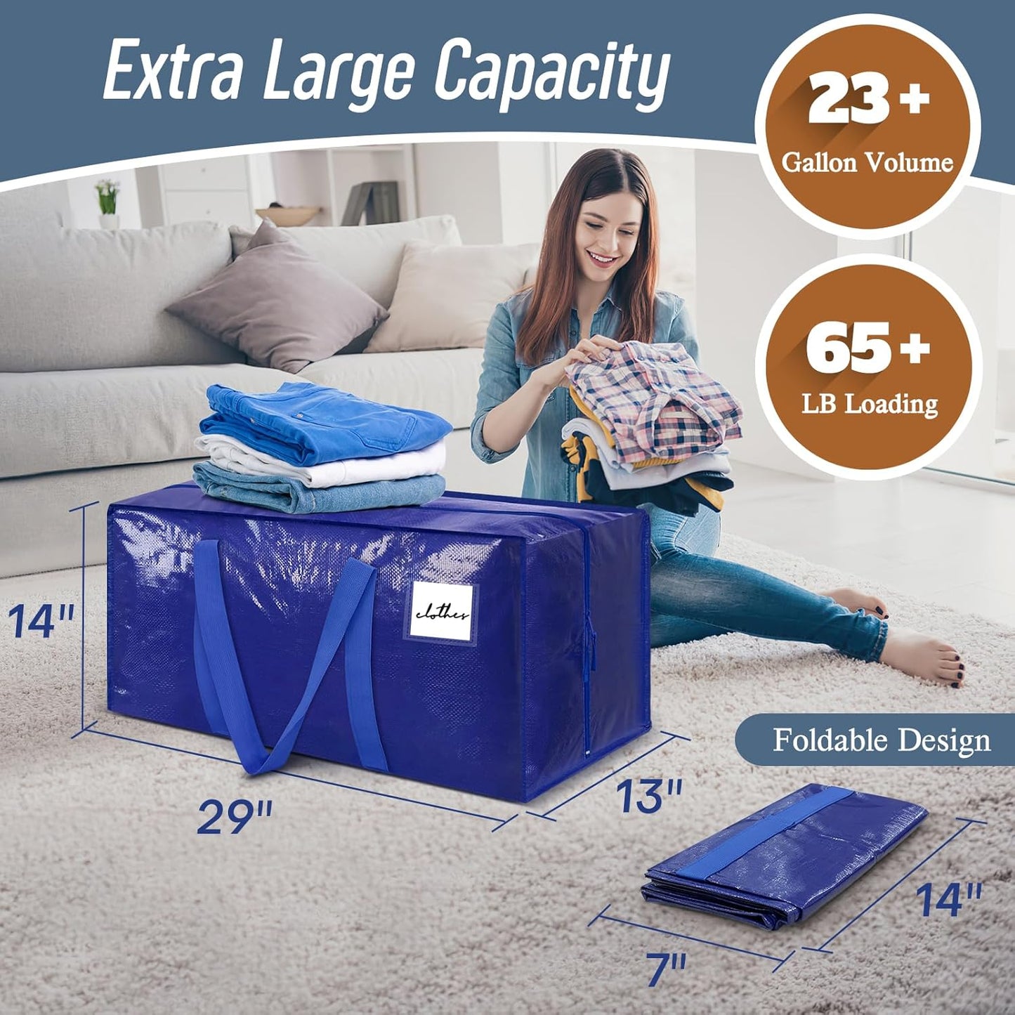 Skiennix Extra Heavy Duty Moving Bags - Large Storage Totes with Strong Zipper & Comfortable Handles | 6 Pack, Blue