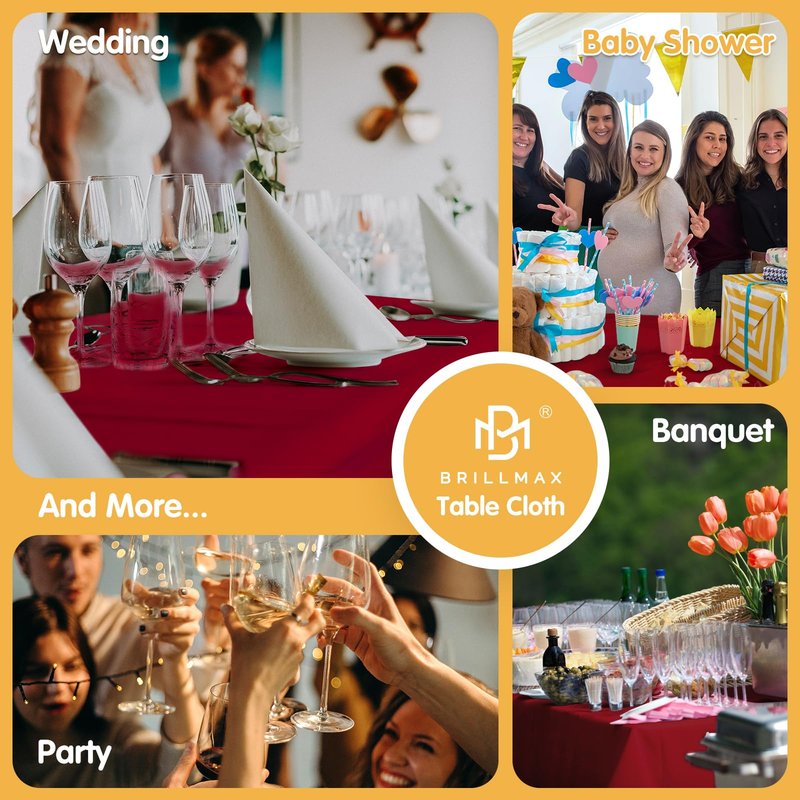 BRILLMAX 10 Pack Burgundy Tablecloths 60 x 102 Inch for 6ft Rectangle Tables - 150 GSM Polyester Fabric, 15" Standard Drop, Water, Stain & Wrinkle Resistant Cloth Cover for Wedding Dining Buffet