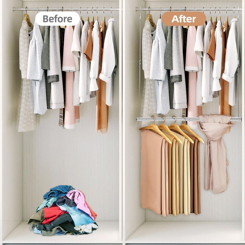 STORAGE MANIAC Hanging Closet Rod, Adjustable Width and Height Closet Hanging Organizer, Space-Saving Clothes Hanging Bar, Closet Extender Hanging Rod Double Closet Hanging Rod, 2 Pack Chrome