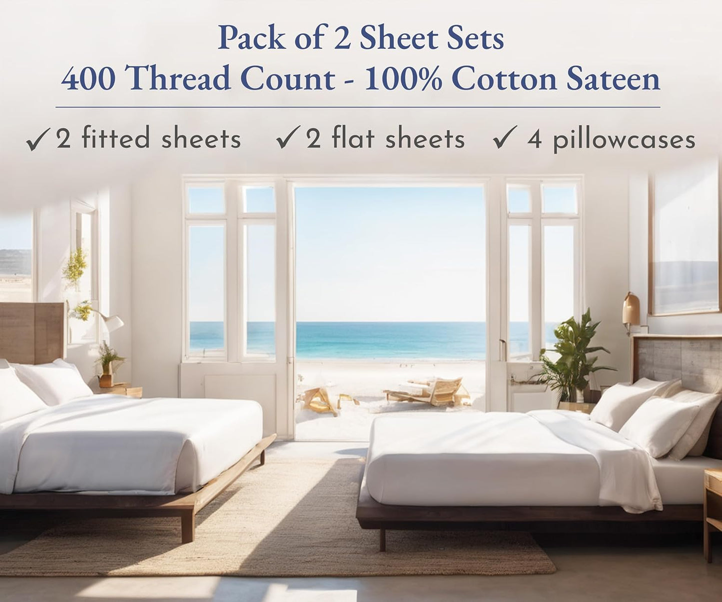 California Design Den Full Size Sheet Sets - 400 Thread Count 100% Cotton Sateen - Soft, Breathable & Deep Pocket - Bright White (2-Pack)