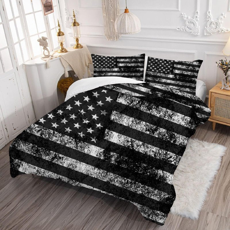 kxry Black and White USA American Flag Comforter Set Queen Size for Boys Kids Teens Dirty US Stars Stripes Flags Bedding Quilt 1 Comforter + 2 Pillow Cases