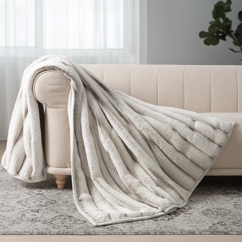EverGrace Soft Luxury Faux Rabbit Fur Throw Blanket for Couch, Cozy Fluffy Channel Throw Blanket for Bed, Fuzzy Warm Thick Mink Blanket with Reversible Plush Velvet for Winter, Beige, 60"x80", 820GSM
